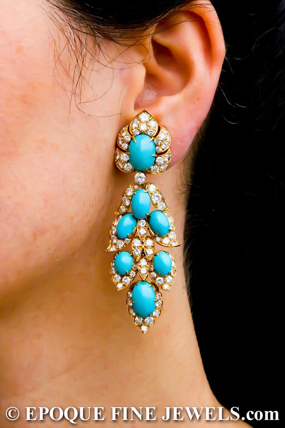   Van Cleef &amp; Arpels - An extravagant pair of turquoise and diamond pendant earrings | MasterArt